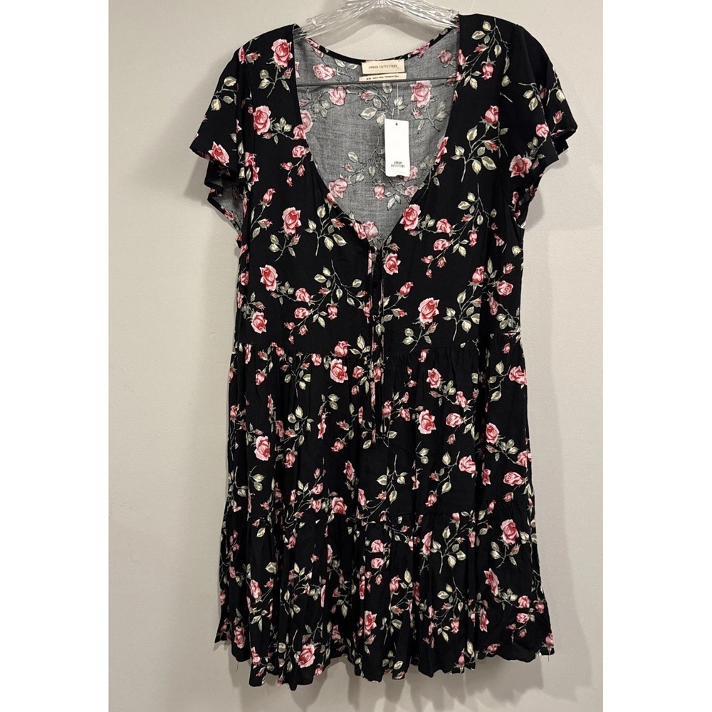 Urban‎ Outfitter Women Floral Tier Babydoll Shirt Dress Sz M Black Button Front